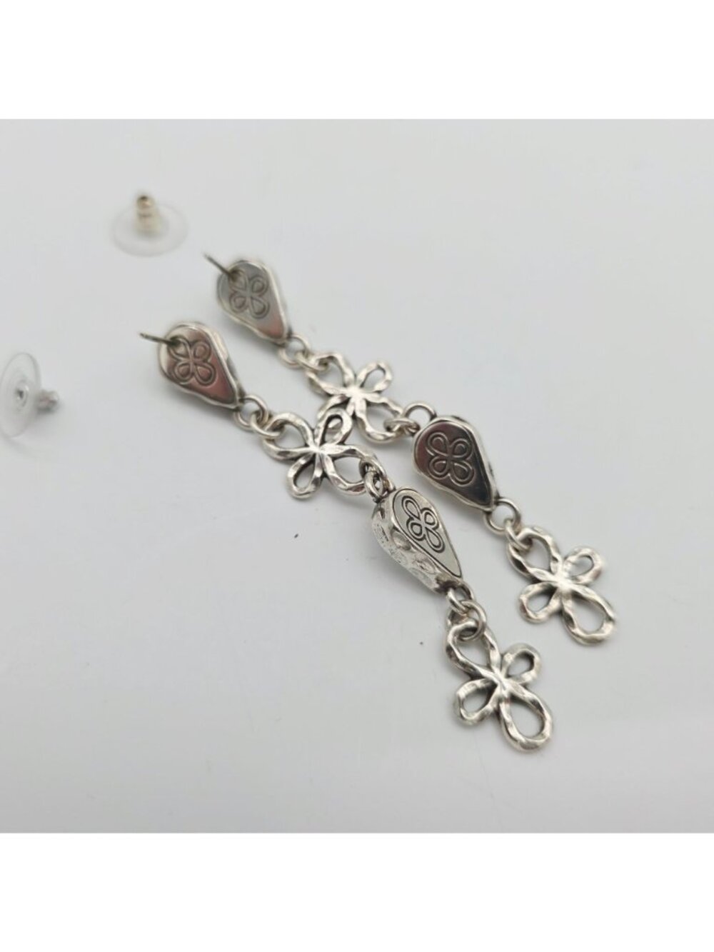 Brighton Earrings Silver Tone Rhinestone Floral Long Dangle Pieced Earrings - Picture 6 of 8